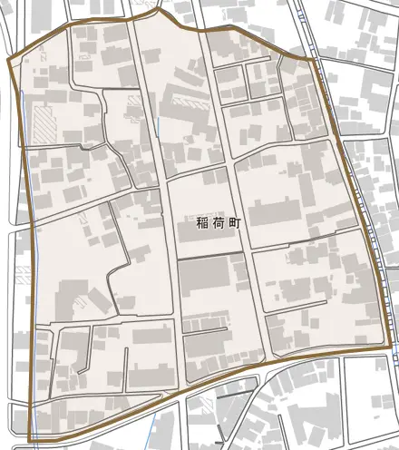 稲荷町とその周辺の地図。町の範囲を重ねている