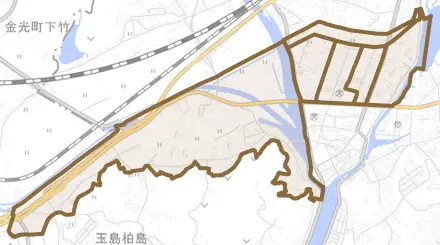 玉島阿賀崎とその周辺の地図。町の範囲を重ねている