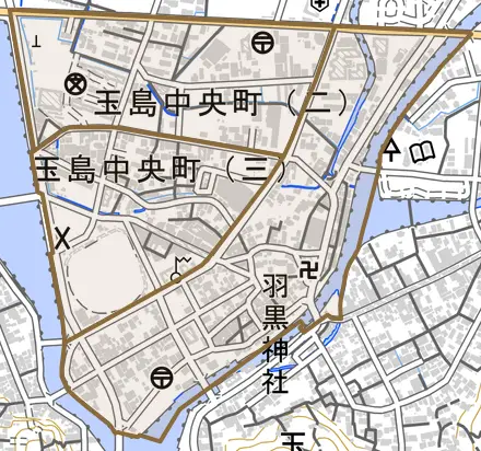 玉島中央町とその周辺の地図。町の範囲を重ねている
