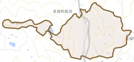 玉島服部とその周辺の地図。町の範囲を重ねている