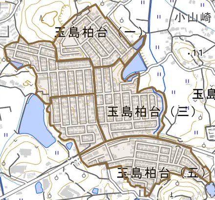 玉島柏台とその周辺の地図。町の範囲を重ねている