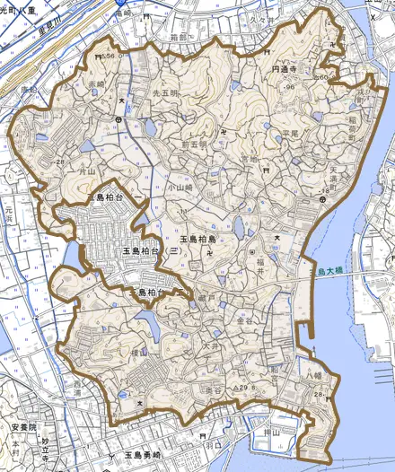 玉島柏島とその周辺の地図。町の範囲を重ねている