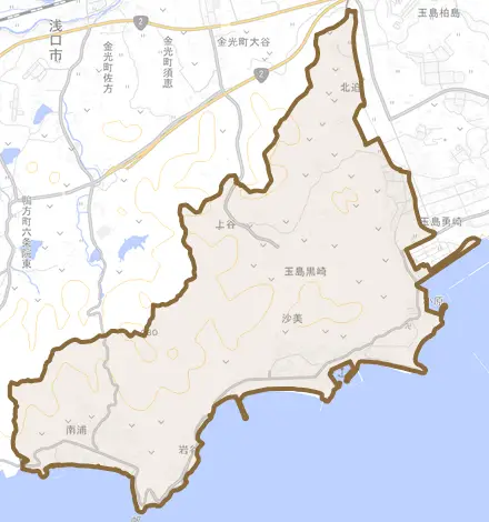 玉島黒崎とその周辺の地図。町の範囲を重ねている