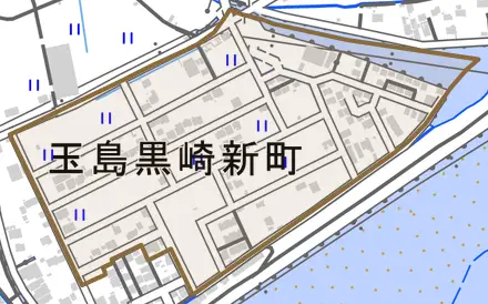 玉島黒崎新町とその周辺の地図。町の範囲を重ねている