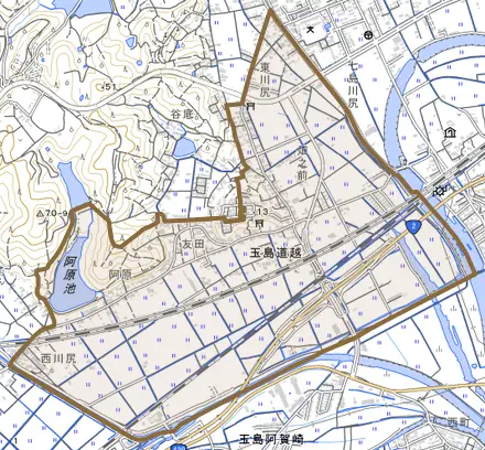 玉島道越とその周辺の地図。町の範囲を重ねている