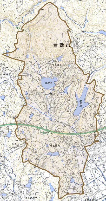 玉島道口とその周辺の地図。町の範囲を重ねている