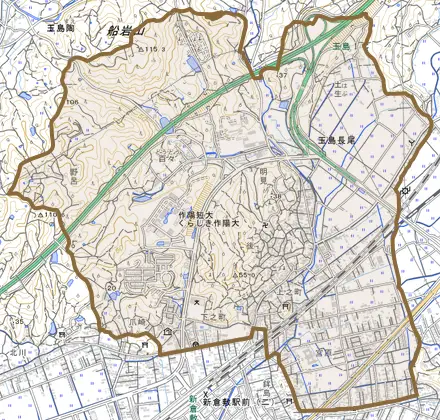 玉島長尾とその周辺の地図。町の範囲を重ねている