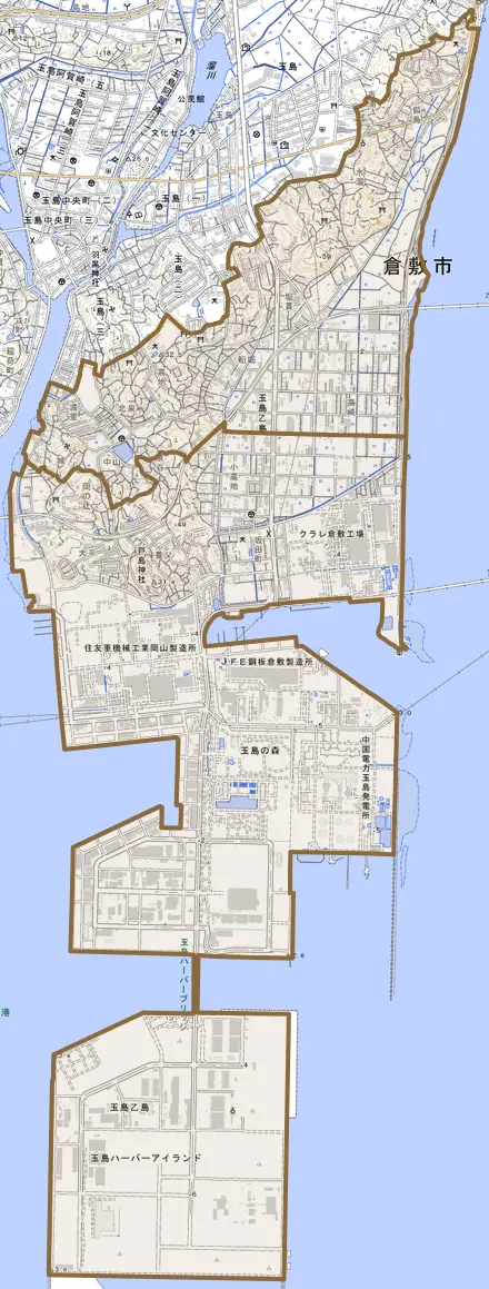 玉島乙島とその周辺の地図。町の範囲を重ねている