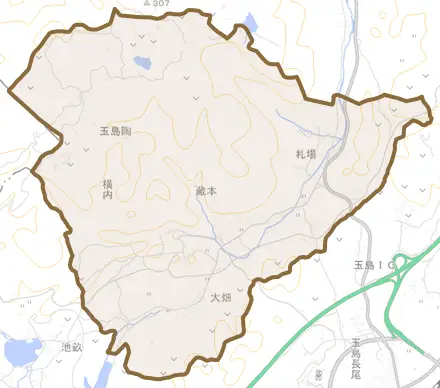 玉島陶とその周辺の地図。町の範囲を重ねている