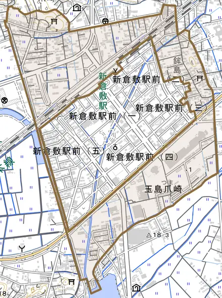 玉島爪崎とその周辺の地図。町の範囲を重ねている