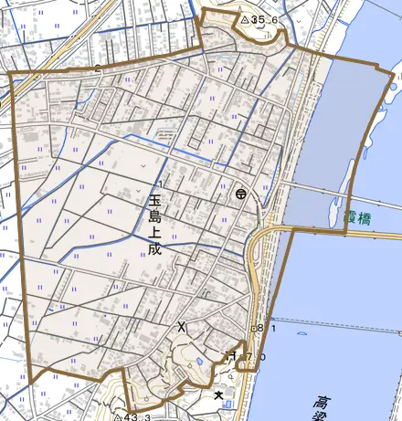 玉島上成とその周辺の地図。町の範囲を重ねている