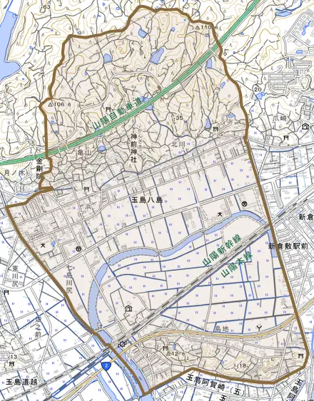玉島八島とその周辺の地図。町の範囲を重ねている