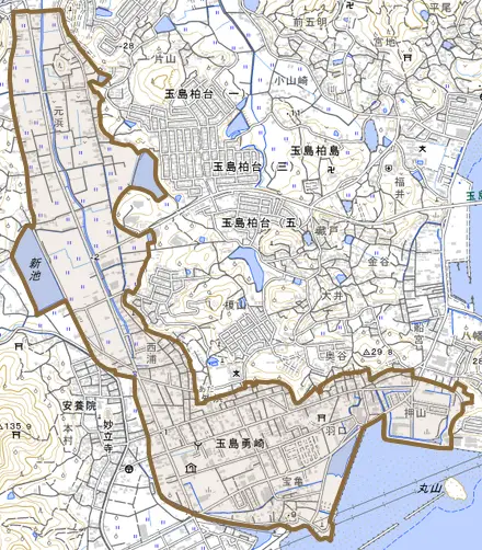 玉島勇崎とその周辺の地図。町の範囲を重ねている