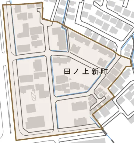 田ノ上新町とその周辺の地図。町の範囲を重ねている