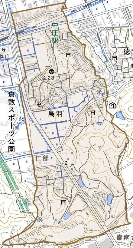 鳥羽とその周辺の地図。町の範囲を重ねている