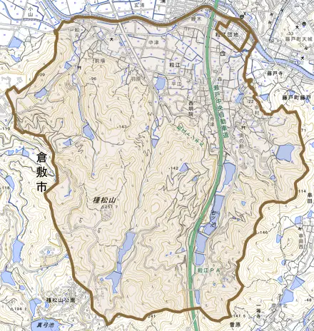 粒江とその周辺の地図。町の範囲を重ねている