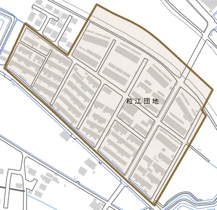 粒江団地とその周辺の地図。町の範囲を重ねている