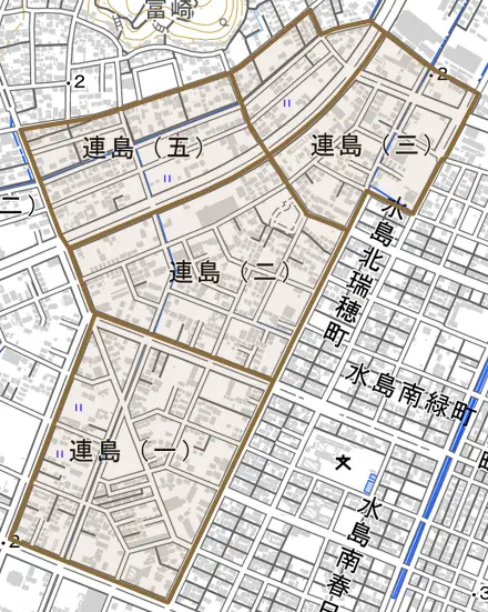 連島とその周辺の地図。町の範囲を重ねている
