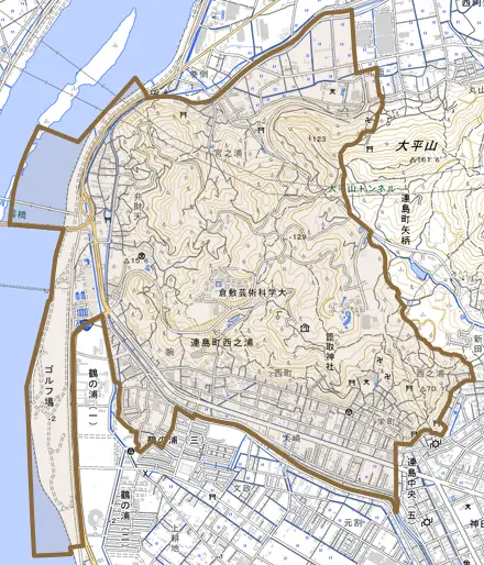 連島町西之浦とその周辺の地図。町の範囲を重ねている
