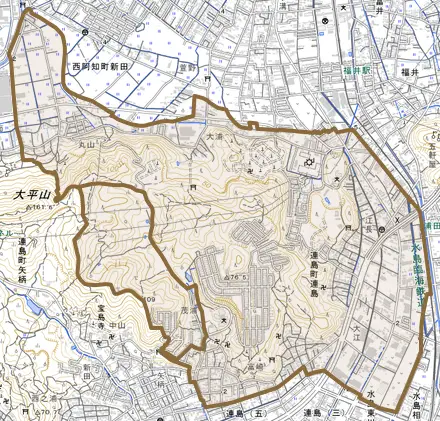 連島町連島とその周辺の地図。町の範囲を重ねている
