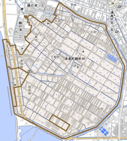 連島町鶴新田とその周辺の地図。町の範囲を重ねている