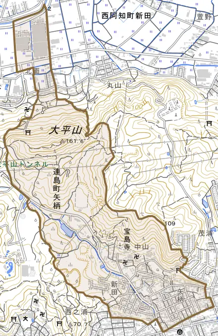 連島町矢柄とその周辺の地図。町の範囲を重ねている