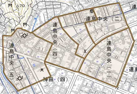 連島中央とその周辺の地図。町の範囲を重ねている