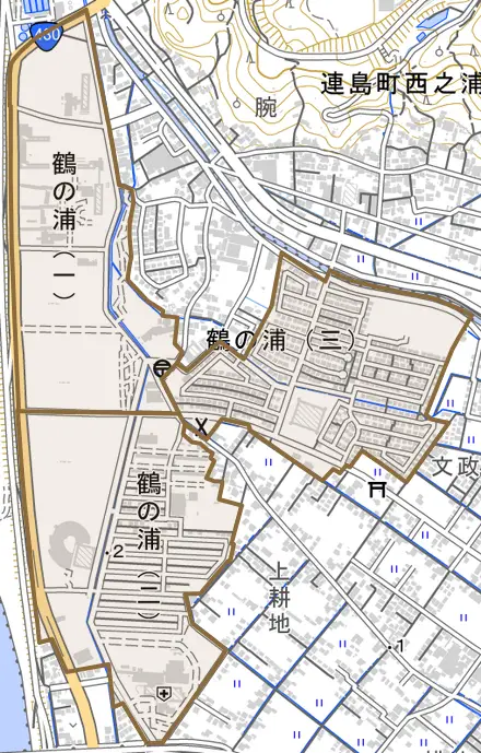 鶴の浦とその周辺の地図。町の範囲を重ねている