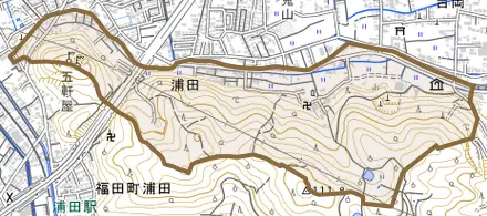 浦田とその周辺の地図。町の範囲を重ねている