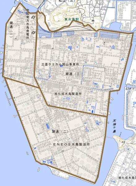 潮通とその周辺の地図。町の範囲を重ねている