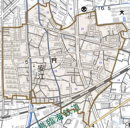 安江とその周辺の地図。町の範囲を重ねている