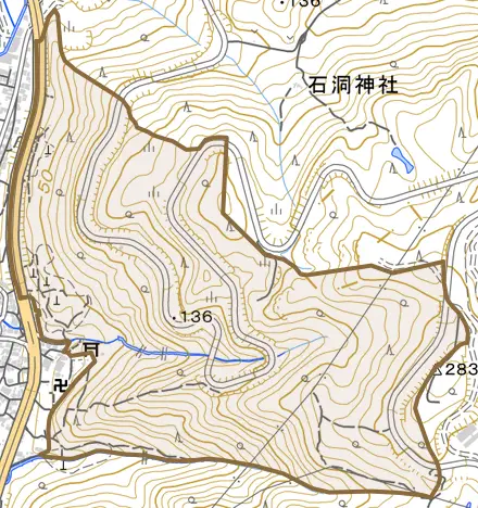 呼松町とその周辺の地図。町の範囲を重ねている
