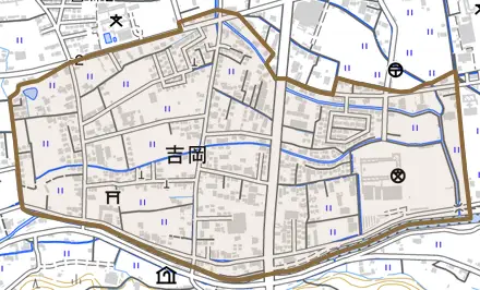 吉岡とその周辺の地図。町の範囲を重ねている