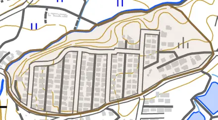 台金屋とその周辺の地図。町の範囲を重ねている