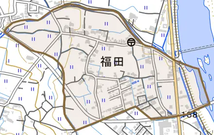 福田とその周辺の地図。町の範囲を重ねている