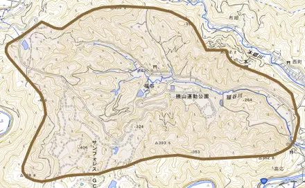 福谷とその周辺の地図。町の範囲を重ねている
