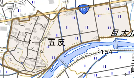 五反とその周辺の地図。町の範囲を重ねている