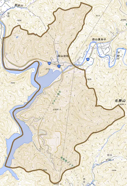 蒜山初和とその周辺の地図。町の範囲を重ねている