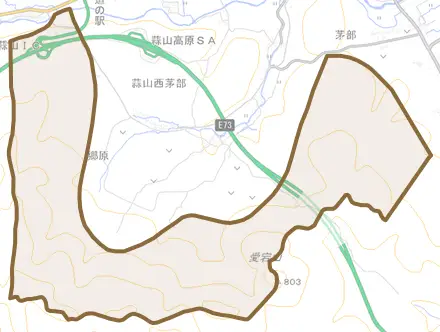 蒜山西茅部とその周辺の地図。町の範囲を重ねている