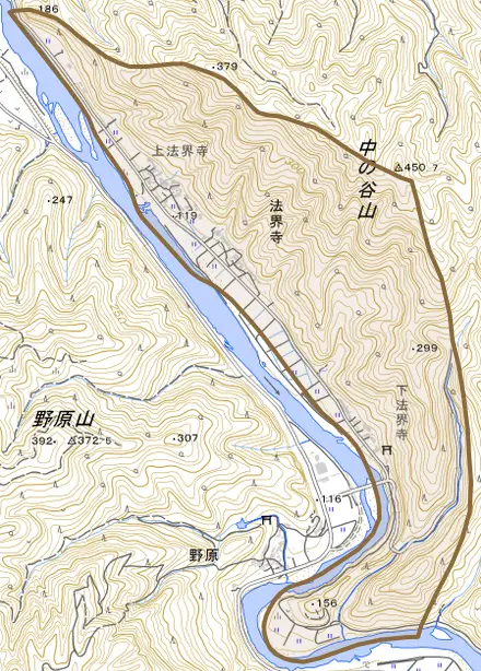 法界寺とその周辺の地図。町の範囲を重ねている