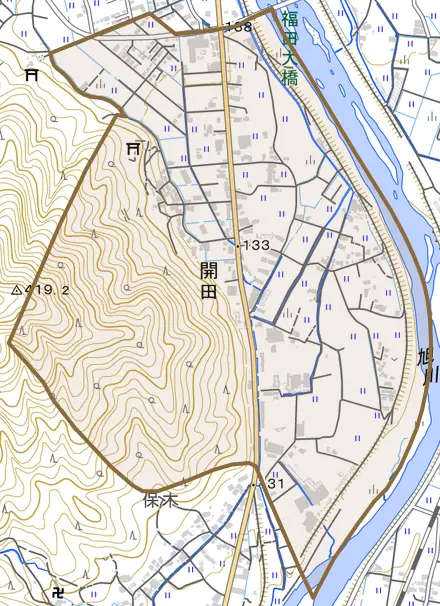 開田とその周辺の地図。町の範囲を重ねている