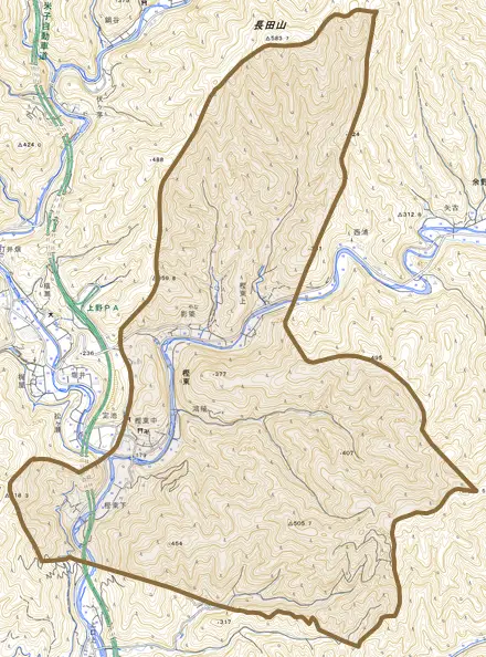 樫東とその周辺の地図。町の範囲を重ねている
