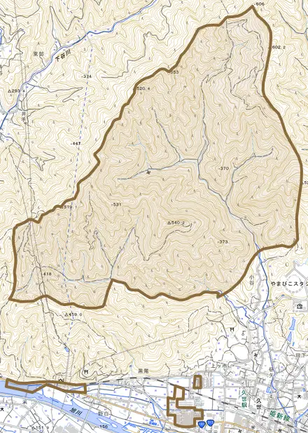 久世とその周辺の地図。町の範囲を重ねている