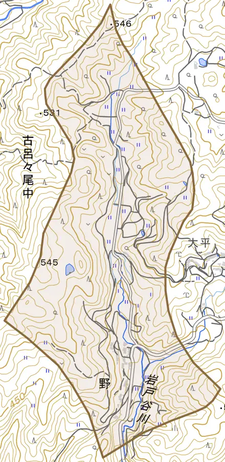 野とその周辺の地図。町の範囲を重ねている
