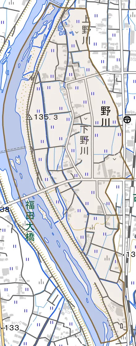 野川とその周辺の地図。町の範囲を重ねている