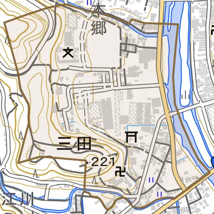 三田とその周辺の地図。町の範囲を重ねている
