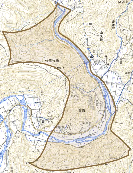 柴原とその周辺の地図。町の範囲を重ねている