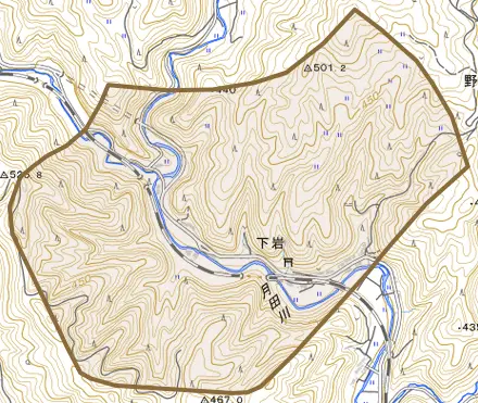 下岩とその周辺の地図。町の範囲を重ねている
