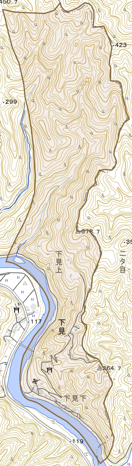 下見とその周辺の地図。町の範囲を重ねている