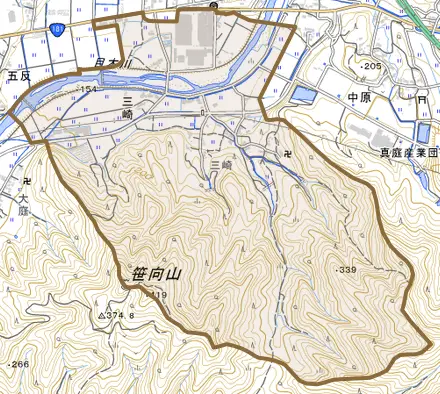 三崎とその周辺の地図。町の範囲を重ねている